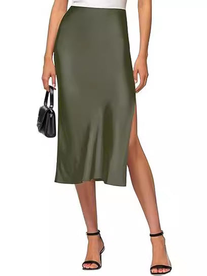 Cross-Border Amazon 2024 European and American Style Slit Satin Skirt Elastic High-Waisted Dress Slimming Fashionable Versatile