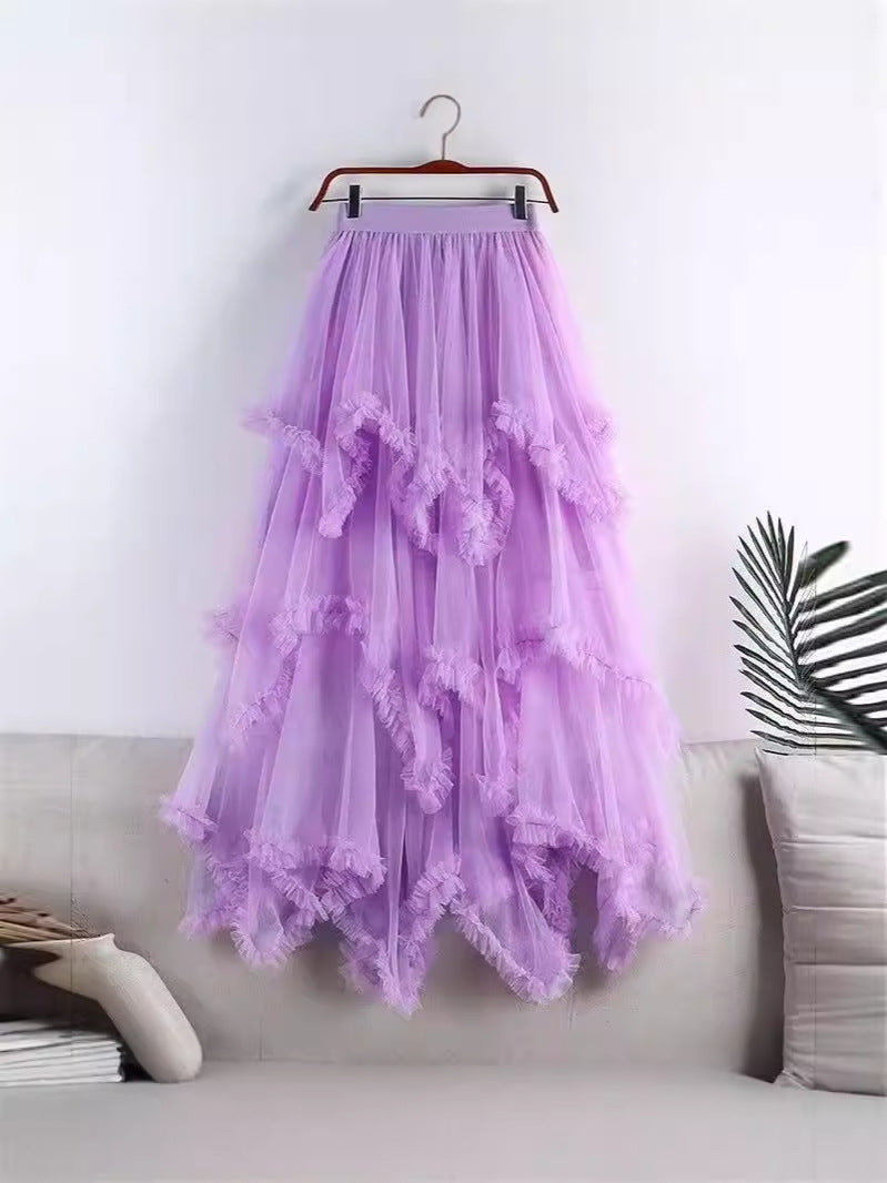 Irregular Mesh Cake Skirt with Fungus Edges, Mid-Length High Waist, Large Hem, Fluffy Fairy Gauze Skirt, Long Skirt 1279