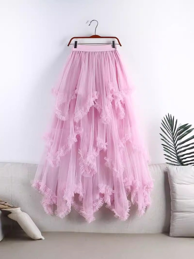 Irregular Mesh Cake Skirt with Fungus Edges, Mid-Length High Waist, Large Hem, Fluffy Fairy Gauze Skirt, Long Skirt 1279