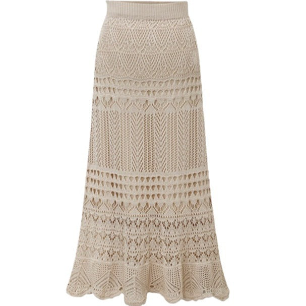 Skirt for Women Spring & Fall 100kg High Waist Loose Large Size Crochet Cut Out Knitted Hip-Covering Mid-Length Skirt for Women 90cm