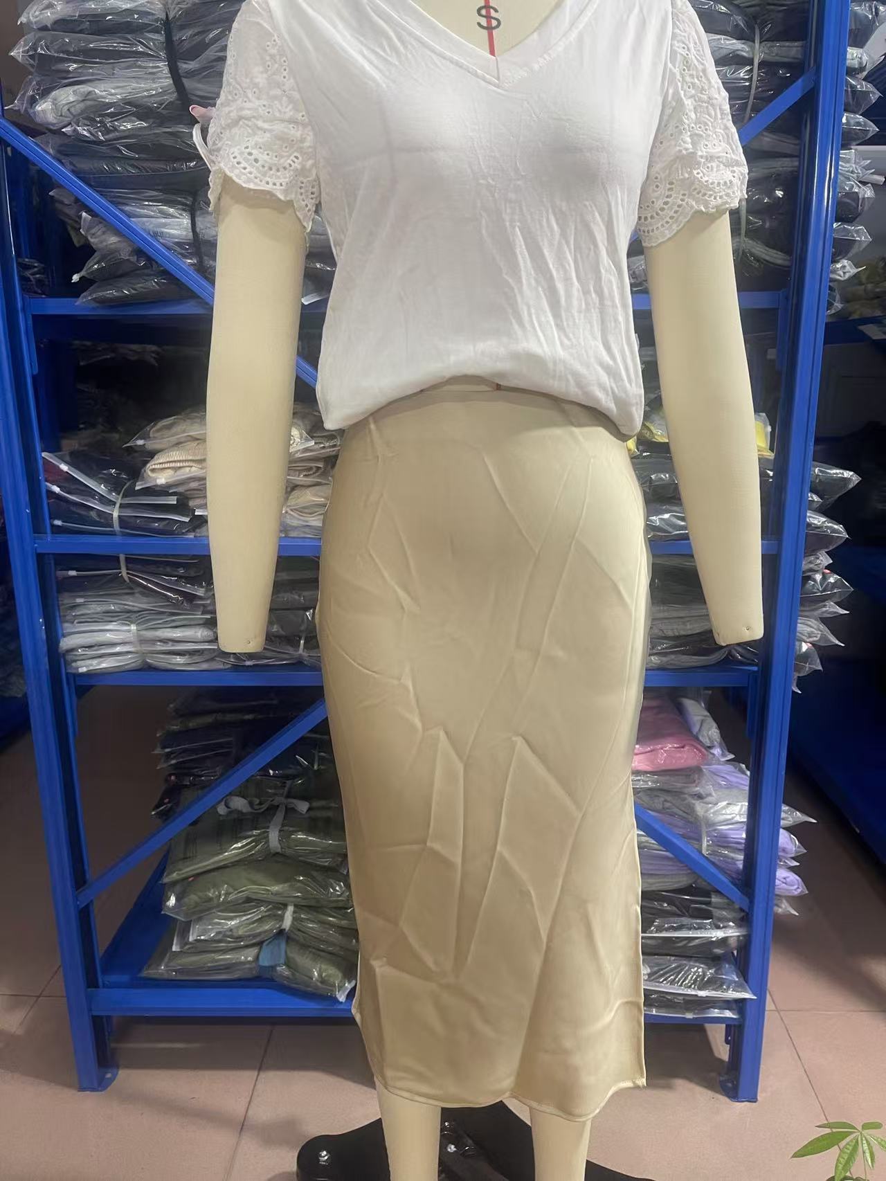 Cross-Border Amazon 2024 European and American Style Slit Satin Skirt Elastic High-Waisted Dress Slimming Fashionable Versatile