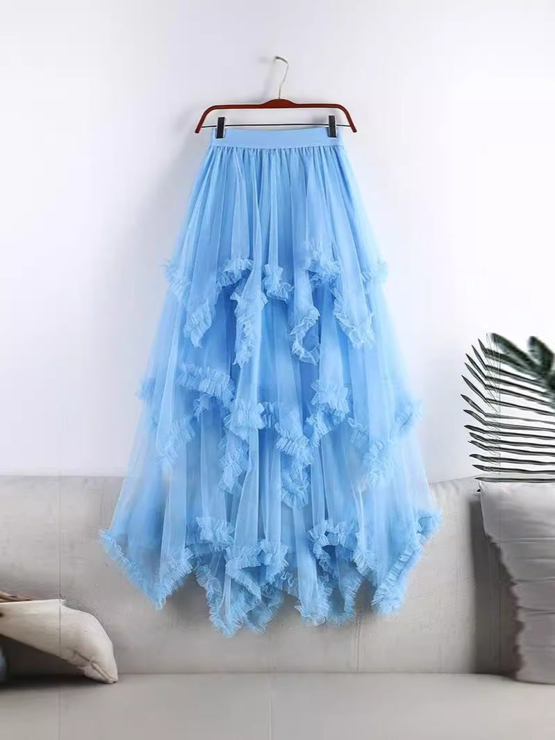 Irregular Mesh Cake Skirt with Fungus Edges, Mid-Length High Waist, Large Hem, Fluffy Fairy Gauze Skirt, Long Skirt 1279