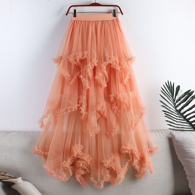Irregular Mesh Cake Skirt with Fungus Edges, Mid-Length High Waist, Large Hem, Fluffy Fairy Gauze Skirt, Long Skirt 1279