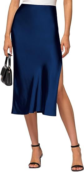 Cross-Border Amazon 2024 European and American Style Slit Satin Skirt Elastic High-Waisted Dress Slimming Fashionable Versatile