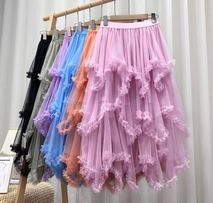 Irregular Mesh Cake Skirt with Fungus Edges, Mid-Length High Waist, Large Hem, Fluffy Fairy Gauze Skirt, Long Skirt 1279