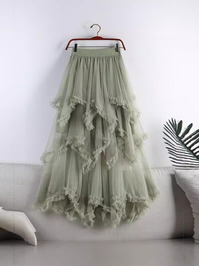 Irregular Mesh Cake Skirt with Fungus Edges, Mid-Length High Waist, Large Hem, Fluffy Fairy Gauze Skirt, Long Skirt 1279