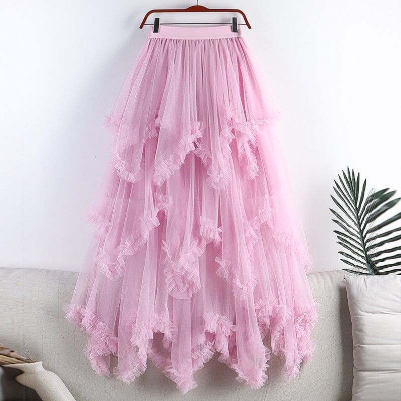 Irregular Mesh Cake Skirt with Fungus Edges, Mid-Length High Waist, Large Hem, Fluffy Fairy Gauze Skirt, Long Skirt 1279