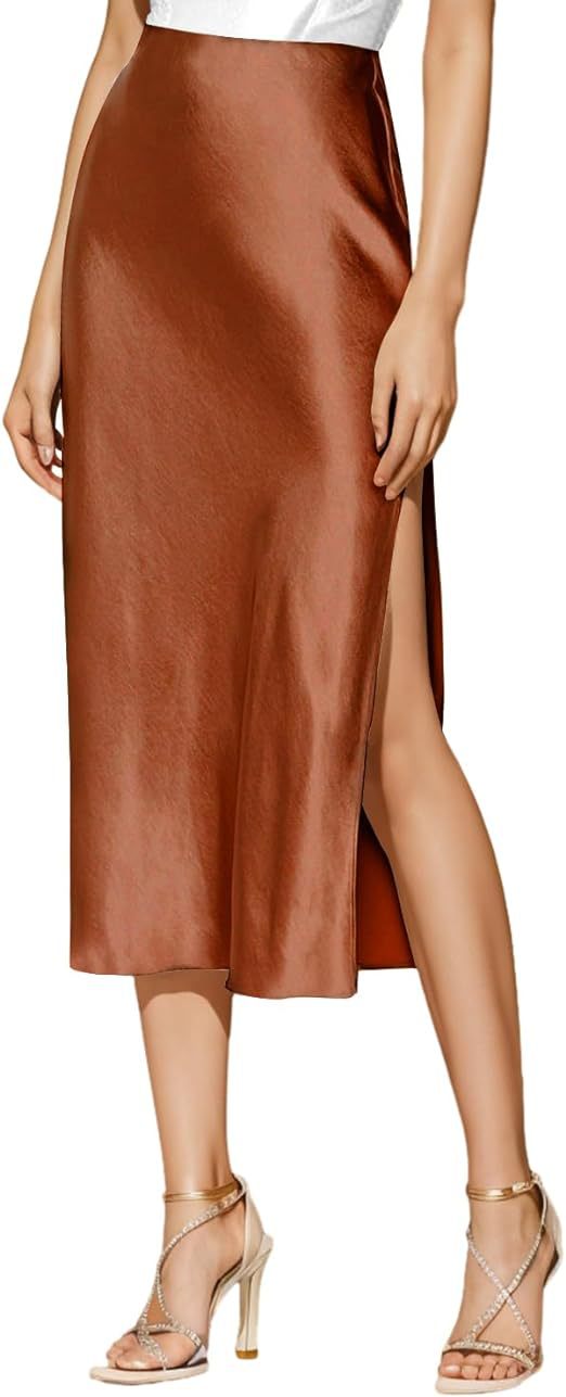 Cross-Border Amazon 2024 European and American Style Slit Satin Skirt Elastic High-Waisted Dress Slimming Fashionable Versatile