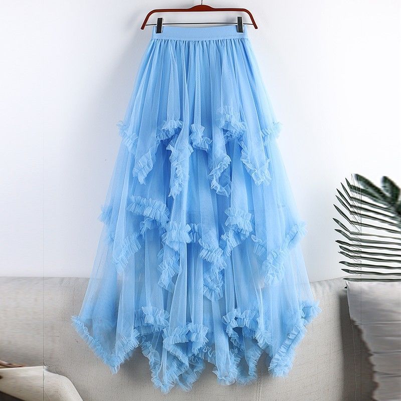Irregular Mesh Cake Skirt with Fungus Edges, Mid-Length High Waist, Large Hem, Fluffy Fairy Gauze Skirt, Long Skirt 1279