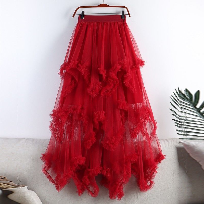 Irregular Mesh Cake Skirt with Fungus Edges, Mid-Length High Waist, Large Hem, Fluffy Fairy Gauze Skirt, Long Skirt 1279