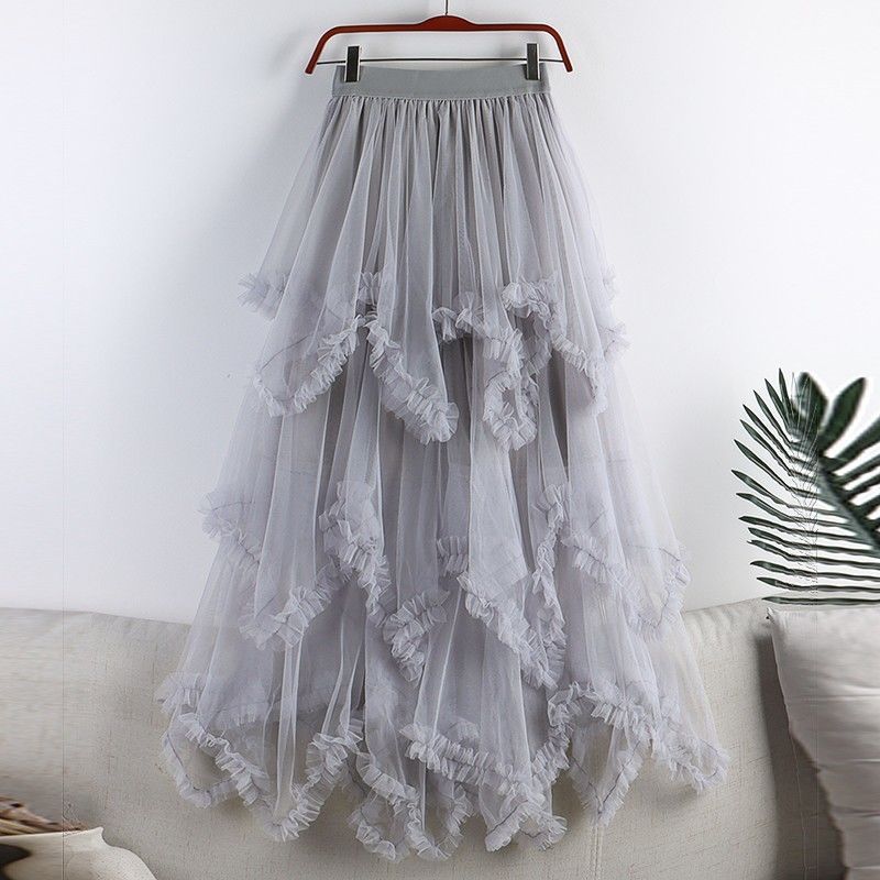 Irregular Mesh Cake Skirt with Fungus Edges, Mid-Length High Waist, Large Hem, Fluffy Fairy Gauze Skirt, Long Skirt 1279