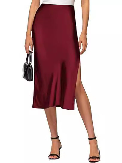 Cross-Border Amazon 2024 European and American Style Slit Satin Skirt Elastic High-Waisted Dress Slimming Fashionable Versatile