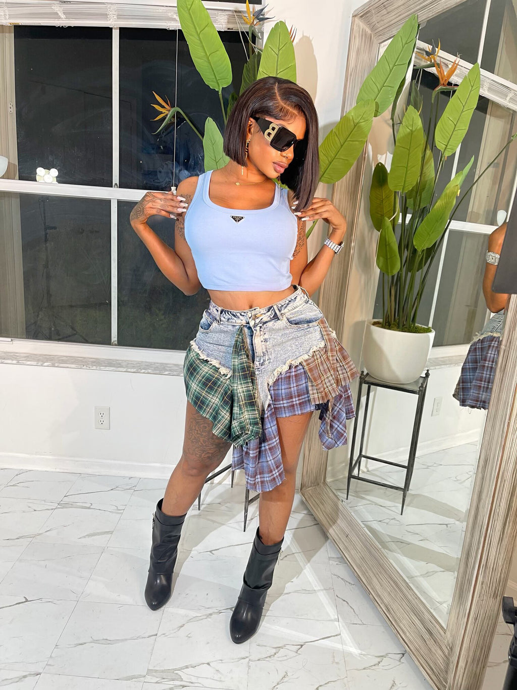 Cross-border New European and American Women's Sexy Irregular Plaid Stitching Denim Skirt Denim Old Skirt Skirt