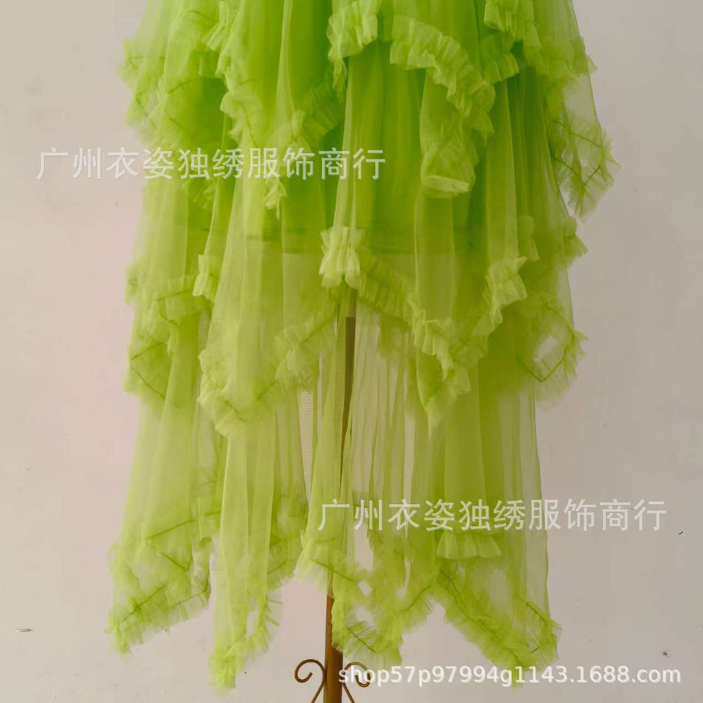 Irregular Mesh Cake Skirt with Fungus Edges, Mid-Length High Waist, Large Hem, Fluffy Fairy Gauze Skirt, Long Skirt 1279