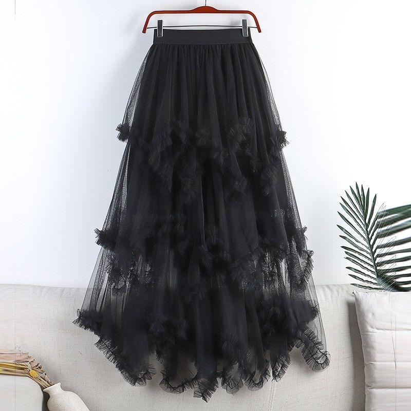 Irregular Mesh Cake Skirt with Fungus Edges, Mid-Length High Waist, Large Hem, Fluffy Fairy Gauze Skirt, Long Skirt 1279