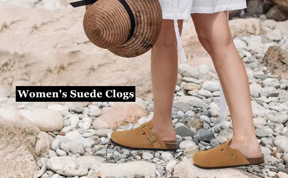 Asgard Women's Suede Clogs Leather Mules Cork Footbed Sandals Arch Support Aldult Four Seasons Adjustable Buckle Potato Shoes