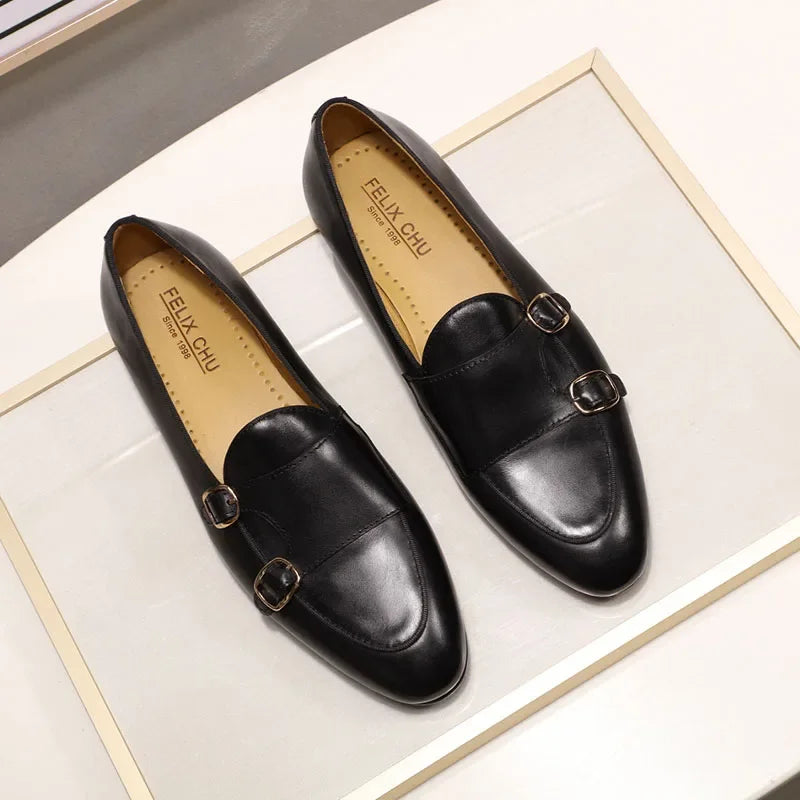 FELIX CHU Men's Genuine Leather Loafers Handmade Monk Strap Casual Dress Shoes for Wedding Party Summer Autumn Footwear