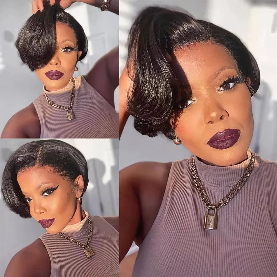 Pixie Cut Wigs For Black Women Human Hair 6 Inch Straight Bob Wigs T Part Lace 13x4 Side Part Transparent Short Lace Front Wigs