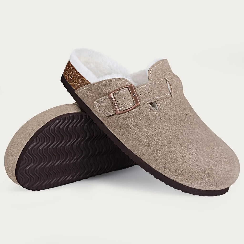 Crestar Women's Fur Lined Suede Clogs Lady Girls Fuzzy Cork Footbed Mules Genuine Leather Cow Suede Slip On Winter Potato Shoes