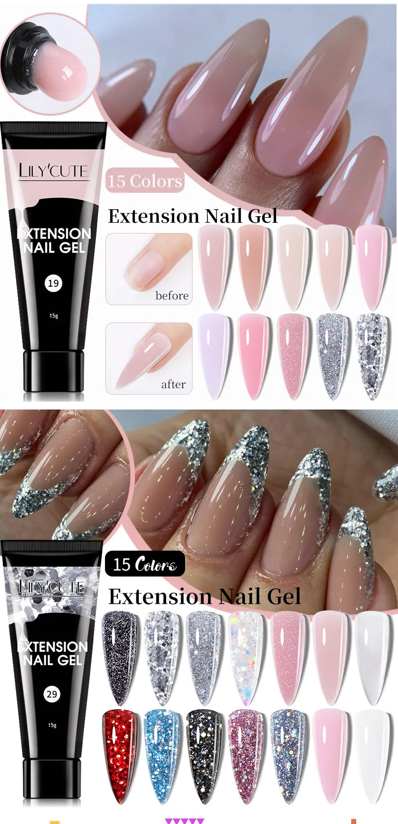LILYCUTE Extension Nail Gel Polish Glitter Vernis Semis Permanent UV Gel For Manicure Nail Art Prolong Construction Gel