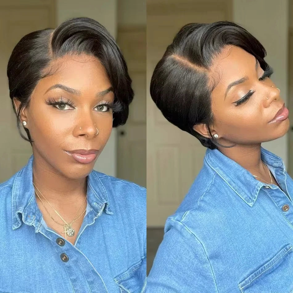 Pixie Cut Wigs For Black Women Human Hair 6 Inch Straight Bob Wigs T Part Lace 13x4 Side Part Transparent Short Lace Front Wigs