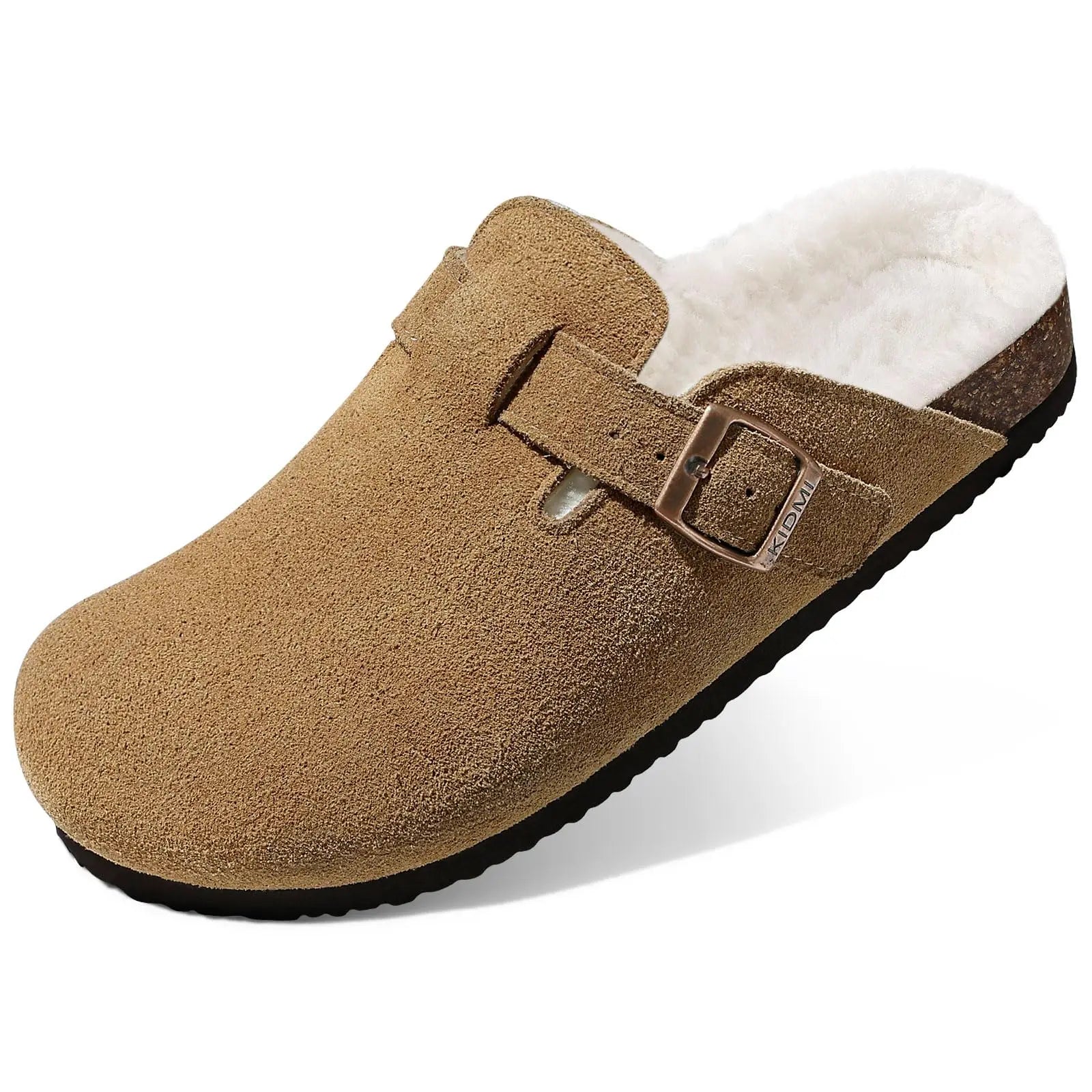 Comwarm Classic Winter Mules For Women Men New Winter Fur Suede Clogs Cork Footbed Cozy Fuzzy Slippers With Adjustable Buckle