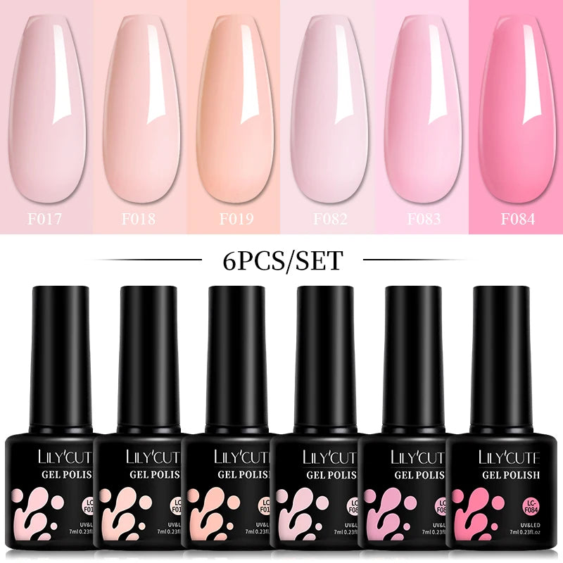 LILYCUTE 6Pcs 7ML Gel DIY Nails Polish Set Bright Pink Nail Charms Soak Off UV LED Gel Varnish Nail Art Design Accessories