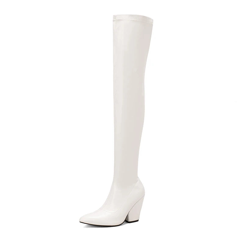 Sexy White Red Thigh High Boots Women Elastic Leather Black Wedges Over the Knee Boots For Women Fetish Party Long Slim Shoes