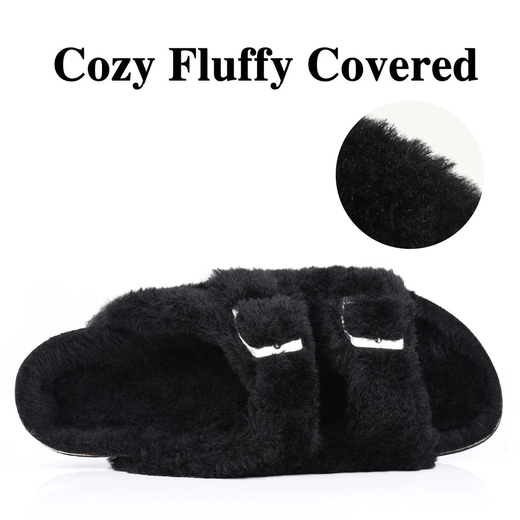 Shevalues Winter Fur Suede Slippers Women Classic Fur Lined Clogs House Fuzzy Cork Slides Indoor Outdoor Cozy Fur Cork Mules Men