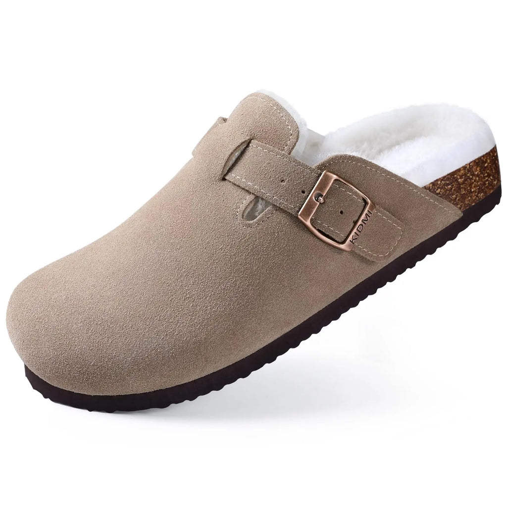 Crestar Women's Fur Lined Suede Clogs Winter Warm Fuzzy Cork Footbed Mules Unisex Cow Suede Potato Shoes Support Drop Shipping