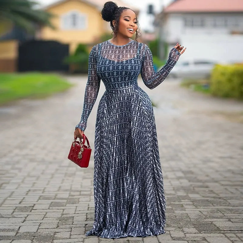 Women's O-Neck Long Sleeve Waistband Hips Wrapped A-Line Long Dress, Slight Perspective