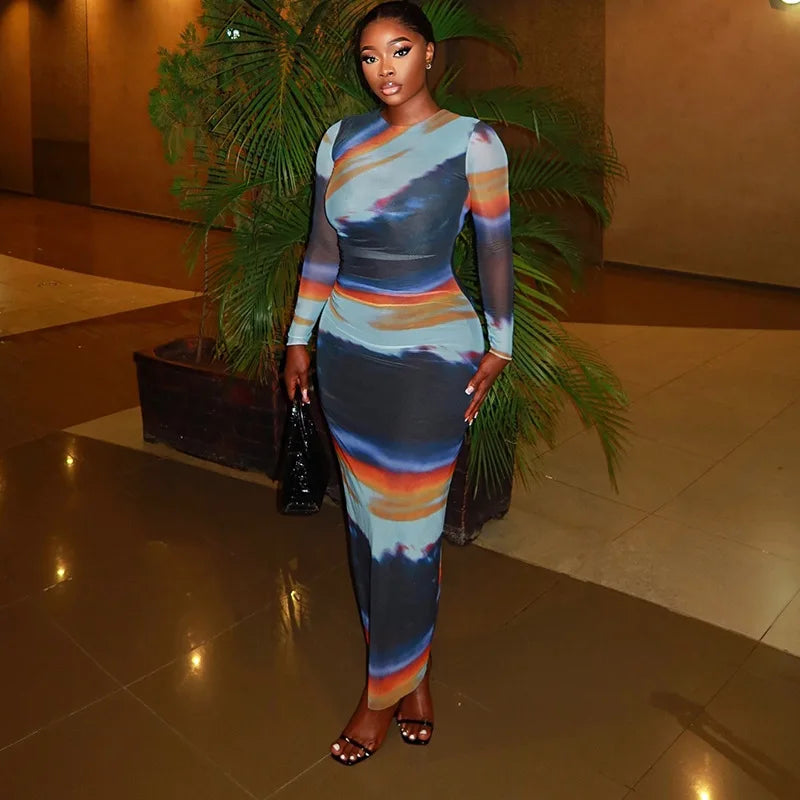 Sexy Letter Print See-Through Mesh Sheer Dress 2026 New Spring Summer Fashion Elegant Long Sleeve Club Party Long Dresses