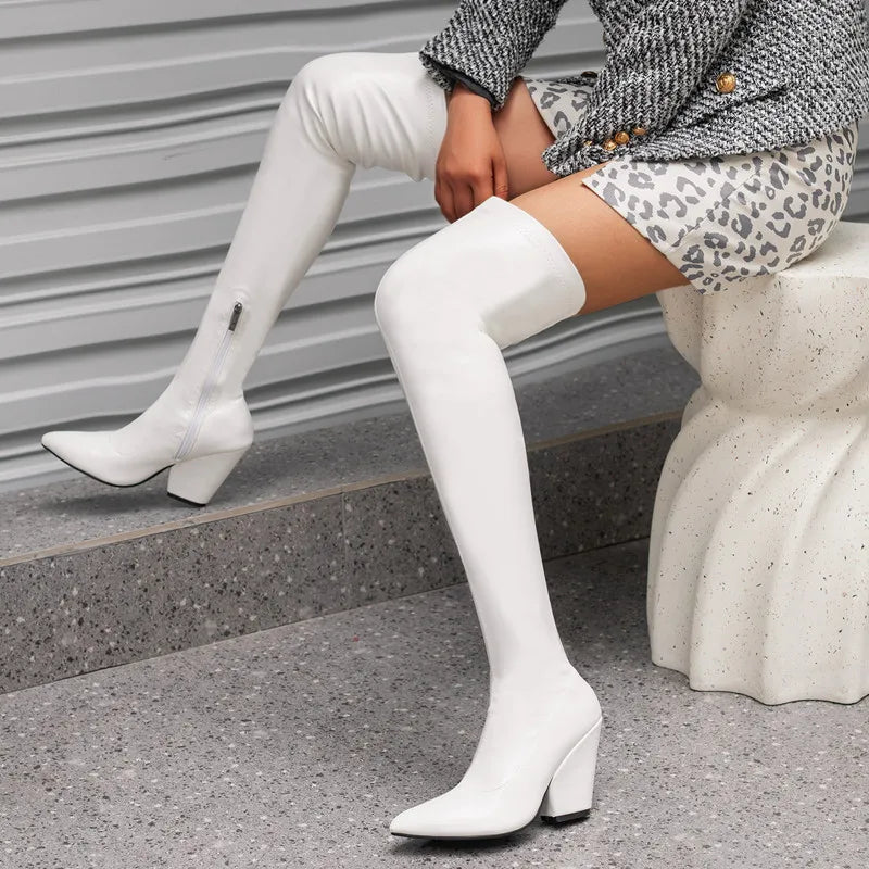Sexy White Red Thigh High Boots Women Elastic Leather Black Wedges Over the Knee Boots For Women Fetish Party Long Slim Shoes