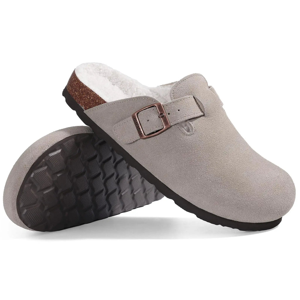 Crestar Women's Fur Lined Suede Clogs Lady Girls Fuzzy Cork Footbed Mules Genuine Leather Cow Suede Slip On Winter Potato Shoes