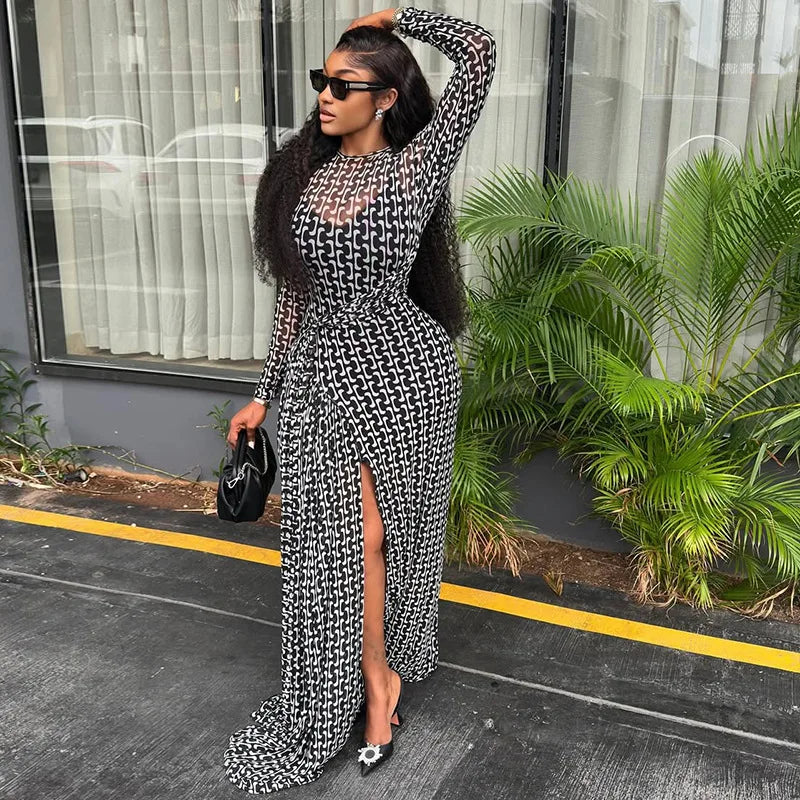 Sexy Letter Print See-Through Mesh Sheer Dress 2026 New Spring Summer Fashion Elegant Long Sleeve Club Party Long Dresses