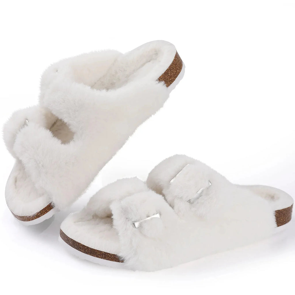 Crestar Women's Fur Lined Suede Clogs Lady Girls Fuzzy Cork Footbed Mules Genuine Leather Cow Suede Slip On Winter Potato Shoes