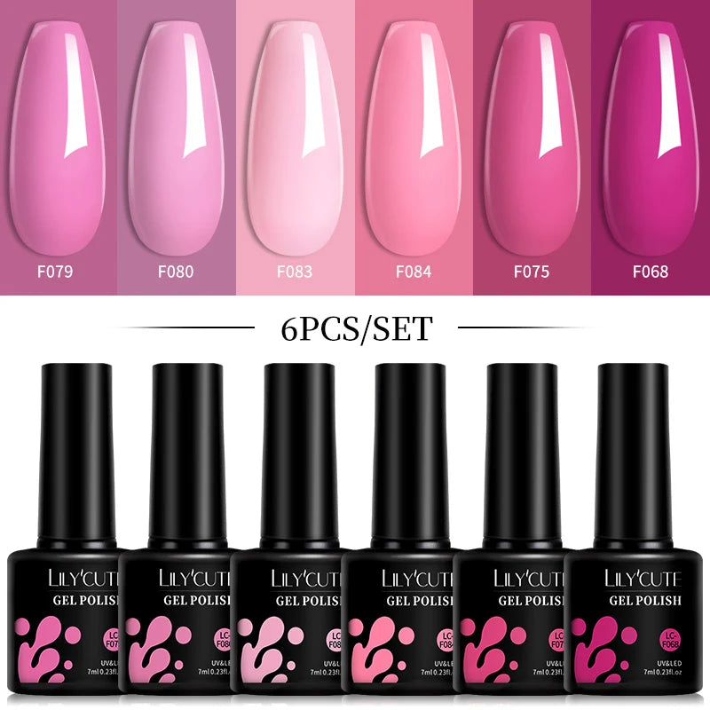 LILYCUTE 6Pcs 7ML Gel DIY Nails Polish Set Bright Pink Nail Charms Soak Off UV LED Gel Varnish Nail Art Design Accessories