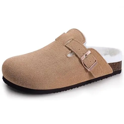 Crestar Women's Cow Suede Clogs Cork Footbed Leather Mules Slippers Unisex Comfortable Fashion Potato Shoes with Arch Support
