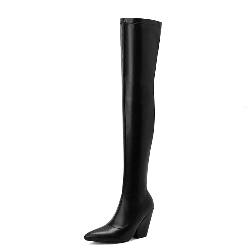 Sexy White Red Thigh High Boots Women Elastic Leather Black Wedges Over the Knee Boots For Women Fetish Party Long Slim Shoes