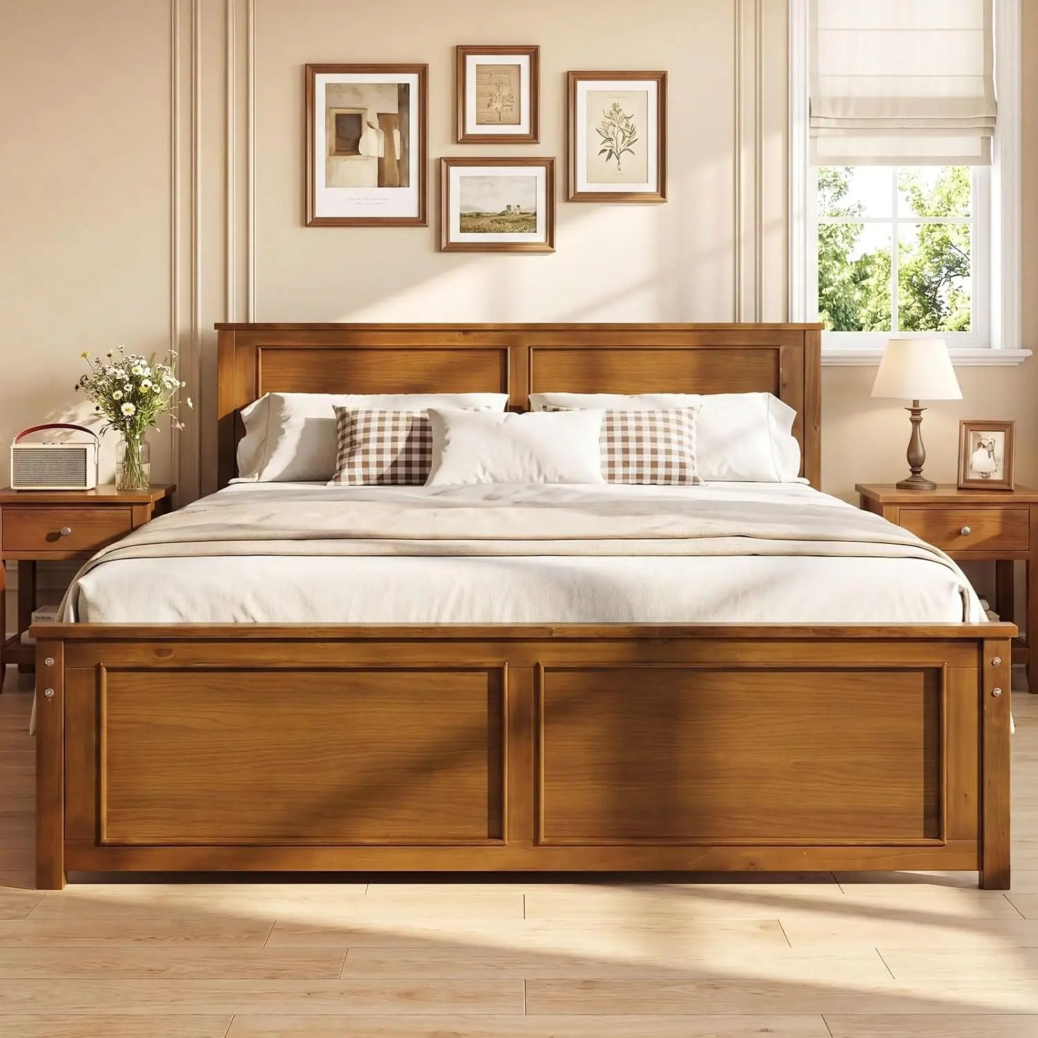 Wood Full Size Bed Frame with Headboard, Farmhouse Solid Platform Bed w/Wooden Slat Support Mattress Foundation,, Customized