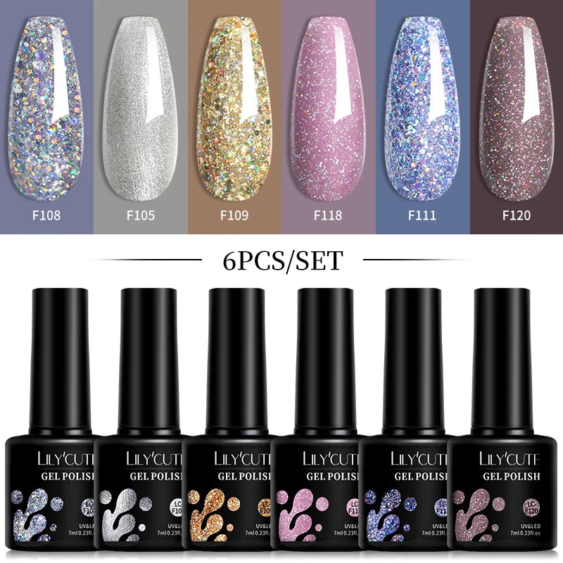 LILYCUTE 6Pcs 7ML Gel DIY Nails Polish Set Bright Pink Nail Charms Soak Off UV LED Gel Varnish Nail Art Design Accessories