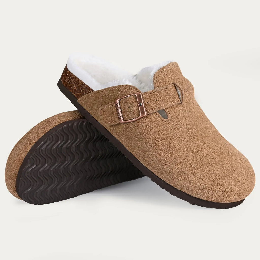Comwarm Classic Winter Mules For Women Men New Winter Fur Suede Clogs Cork Footbed Cozy Fuzzy Slippers With Adjustable Buckle