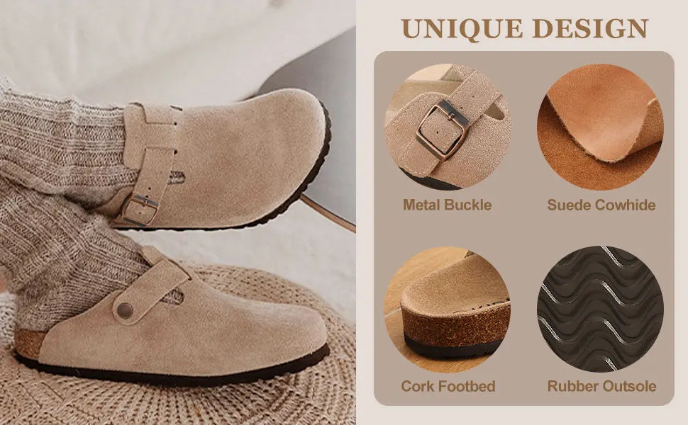 Asgard Women's Suede Clogs Leather Mules Cork Footbed Sandals Arch Support Aldult Four Seasons Adjustable Buckle Potato Shoes