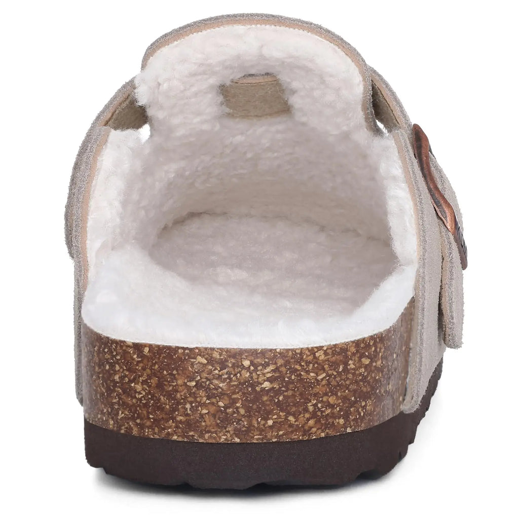 Comwarm Classic Winter Mules For Women Men New Winter Fur Suede Clogs Cork Footbed Cozy Fuzzy Slippers With Adjustable Buckle