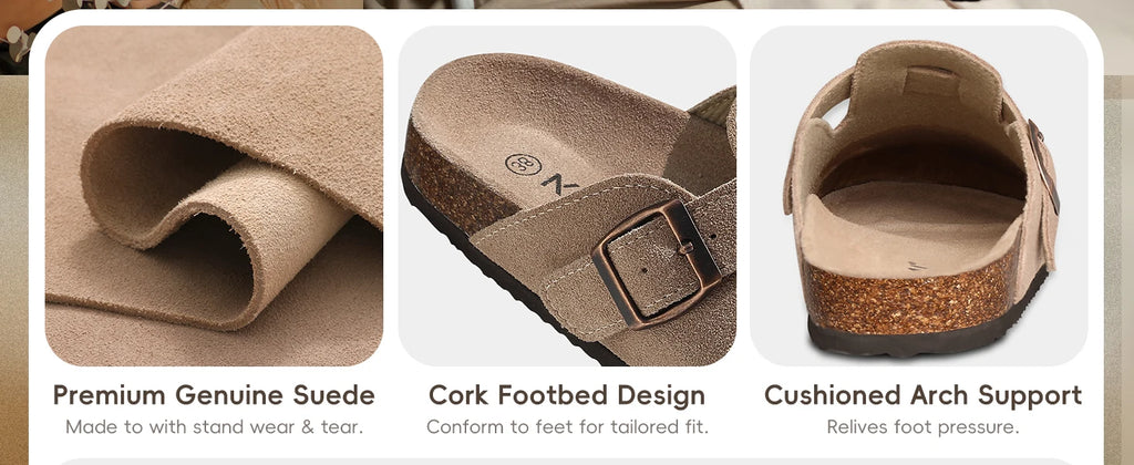 Asgard Women Cork Sole Clogs Slippers Fashion Cow Suede Flat Mules With Adjustable Buckle Men Leather Potato Shoes Beach Sandals