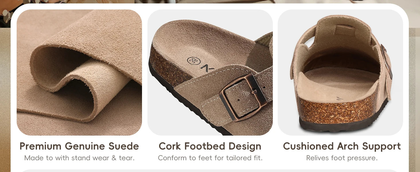 Asgard Women Cork Sole Clogs Slippers Fashion Cow Suede Flat Mules With Adjustable Buckle Men Leather Potato Shoes Beach Sandals