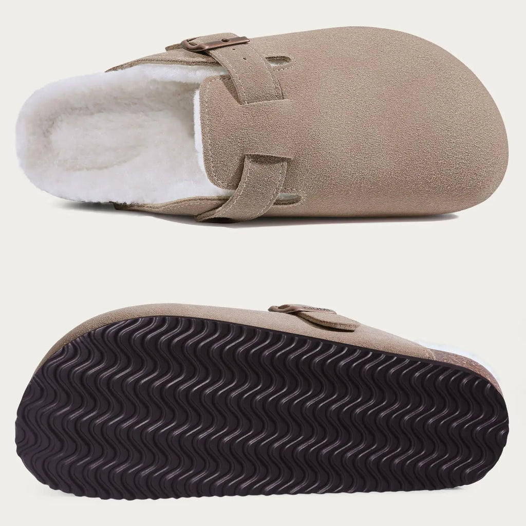 Kidmi Winter Suede Men Clogs Slippers Fashion Fuzzy Cork Clogs Shoes Casual Antiskid Fur Slippers With Arch Support Men Mules