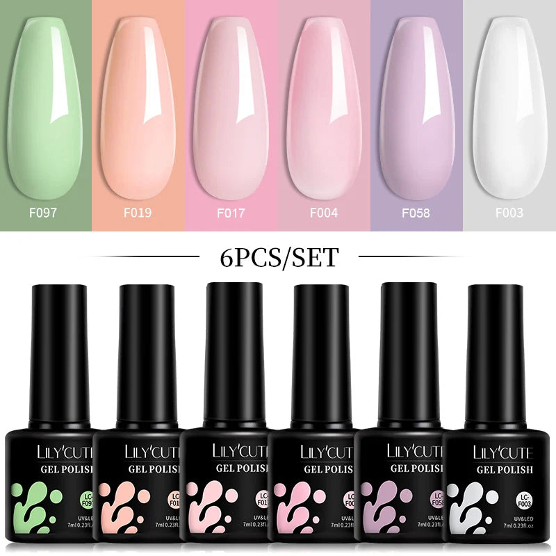 LILYCUTE 6Pcs 7ML Gel DIY Nails Polish Set Bright Pink Nail Charms Soak Off UV LED Gel Varnish Nail Art Design Accessories