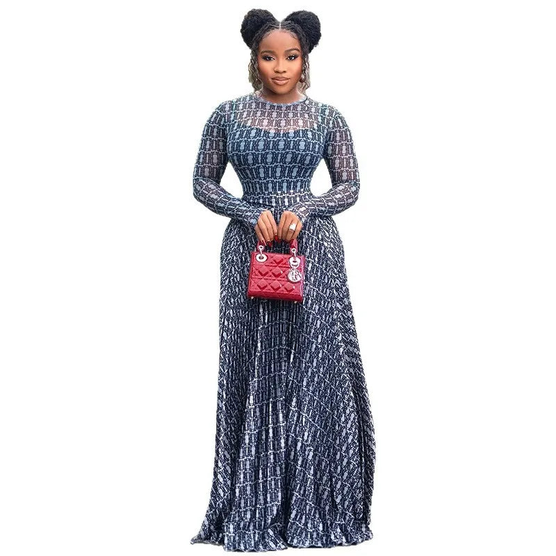 Summer Women's Clothing Slim Fit Round Neck Long Sleeve Printed Street A Line Dress For Woman Milk Silk Polyester Loose Maxi