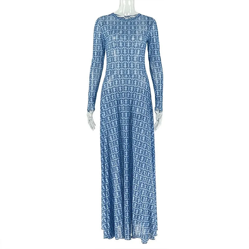 Women's O-Neck Long Sleeve Waistband Hips Wrapped A-Line Long Dress, Slight Perspective